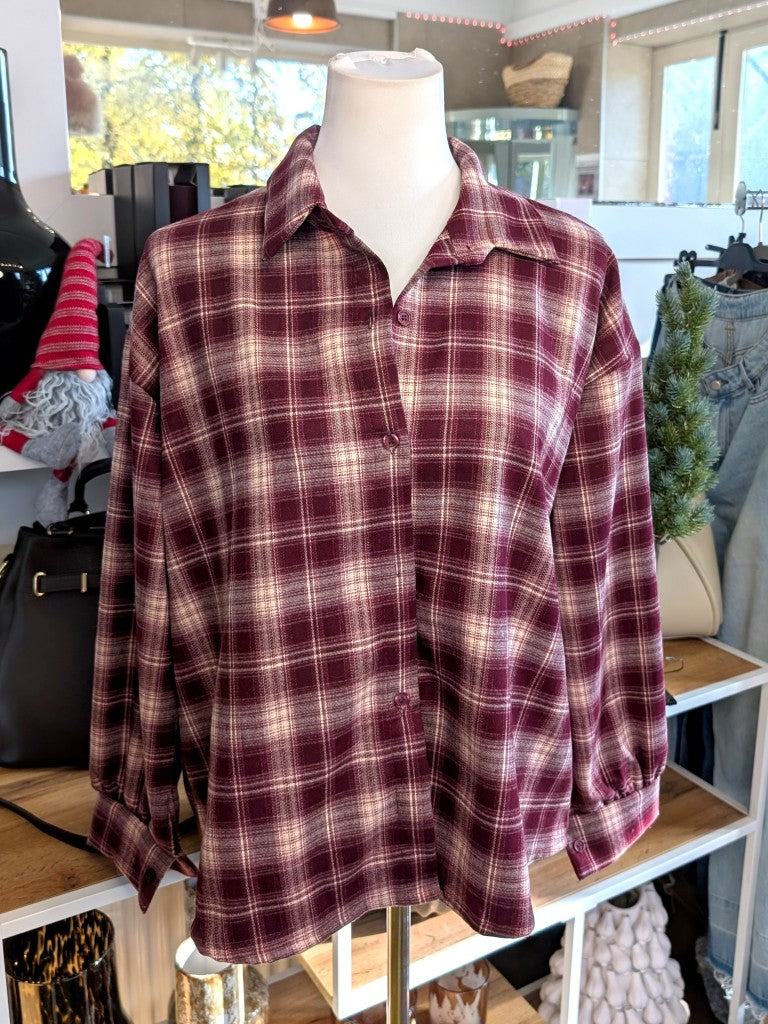 Elegante VoKuHiLa Hemdbluse kariert Karos Burgund Rot Créme aus hochwertiger Viskose in Flanell-Haptik – lässiges Layering für coolen Look und Binden um die Hüfte