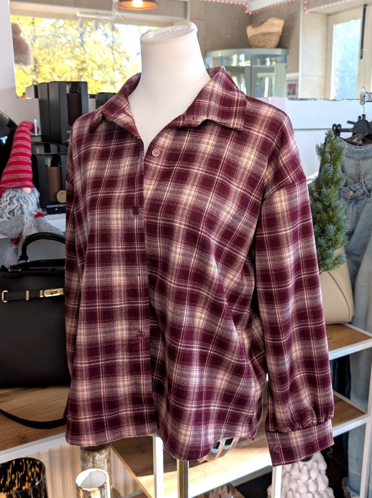 Elegante VoKuHiLa Hemdbluse kariert Karos Burgund Rot Créme aus hochwertiger Viskose in Flanell-Haptik – lässiges Layering für coolen Look und Binden um die Hüfte