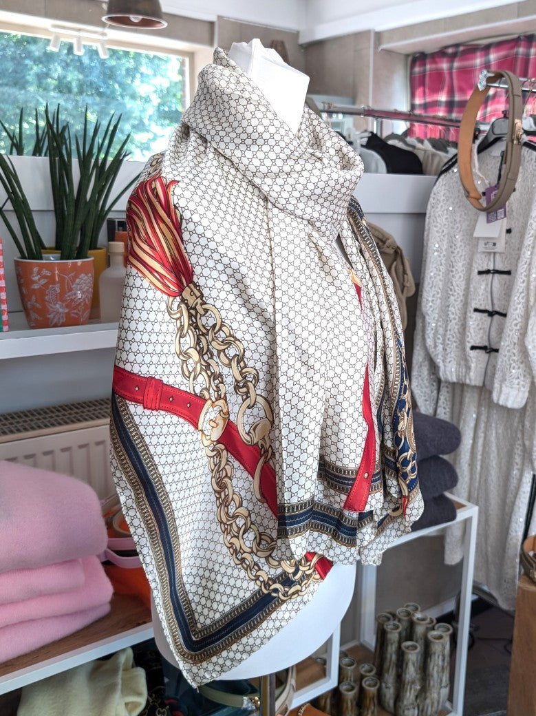 Hochwertiges Rechtecktuch im zeitlosen Gucci-Stil in Créme Taupe Rot Blau Gold aus Seide Viskose - als Schultertuch, Halstuch, Hüfttuch oder elegantes Accessoire.