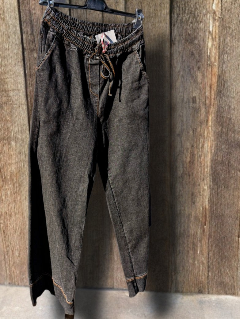 Hose Jeans Baggy mit Gummizug, Schwarz mit kupferfarbenen Nähten, One Size