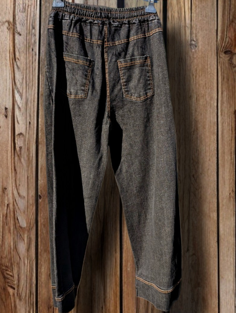 Hose Jeans Baggy mit Gummizug, Schwarz mit kupferfarbenen Nähten, One Size