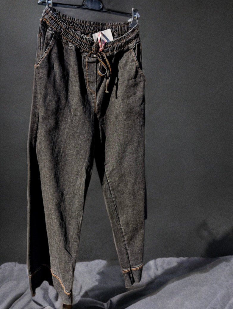Hose Jeans Baggy mit Gummzug, Schwarz mit kupferfarbenen Nähten, One Size