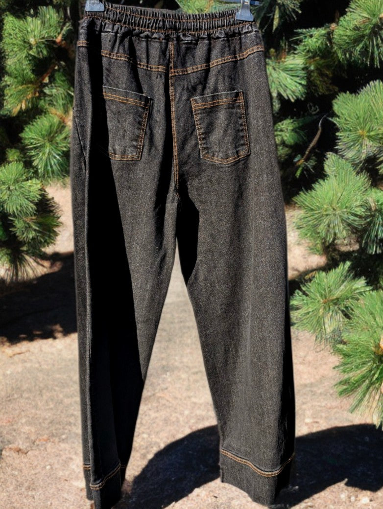 Hose Jeans Baggy mit Gummzug, Schwarz mit kupferfarbenen Nähten, One Size