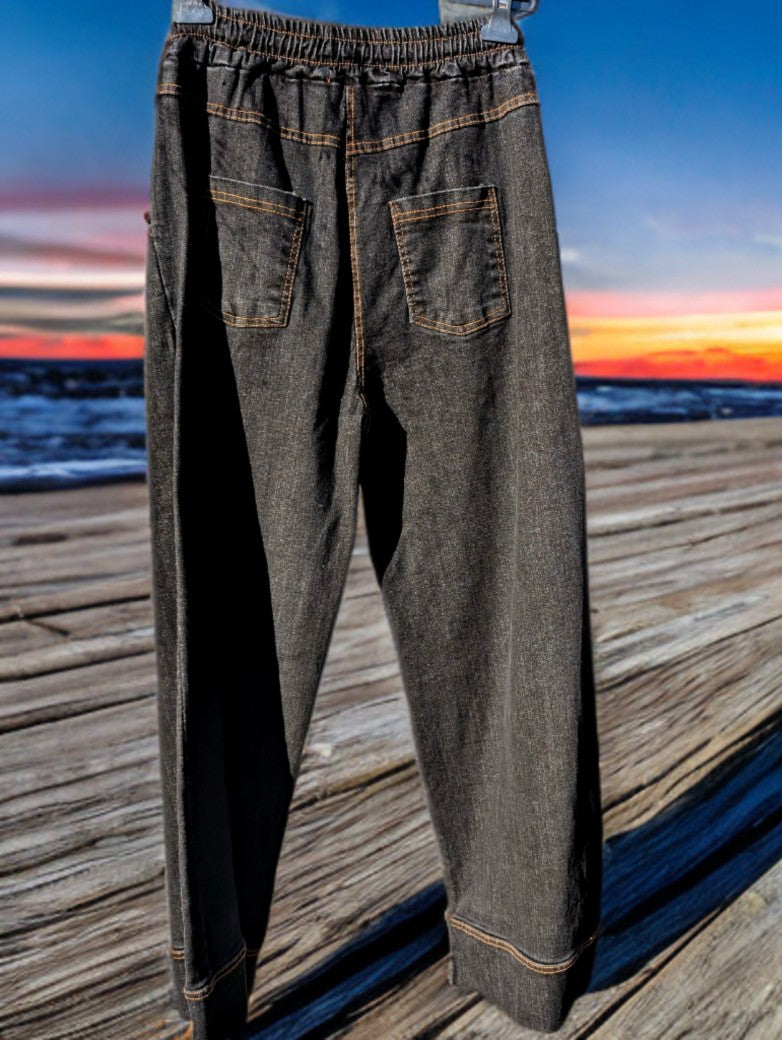 Hose Jeans Baggy mit Gummzug, Schwarz mit kupferfarbenen Nähten, One Size