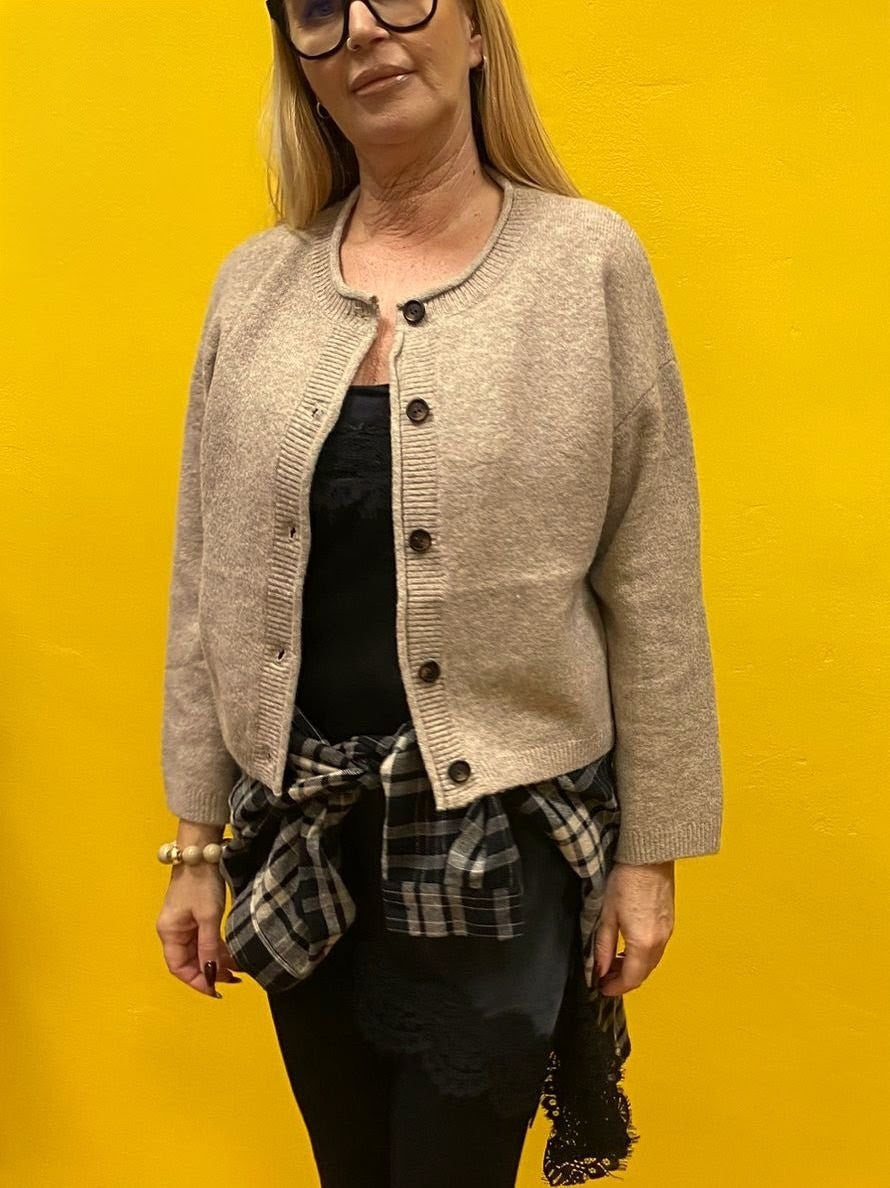 Cardigan Strickjacke Taupe braune Knöpfe Viskose, One Size - von CHOICE C055