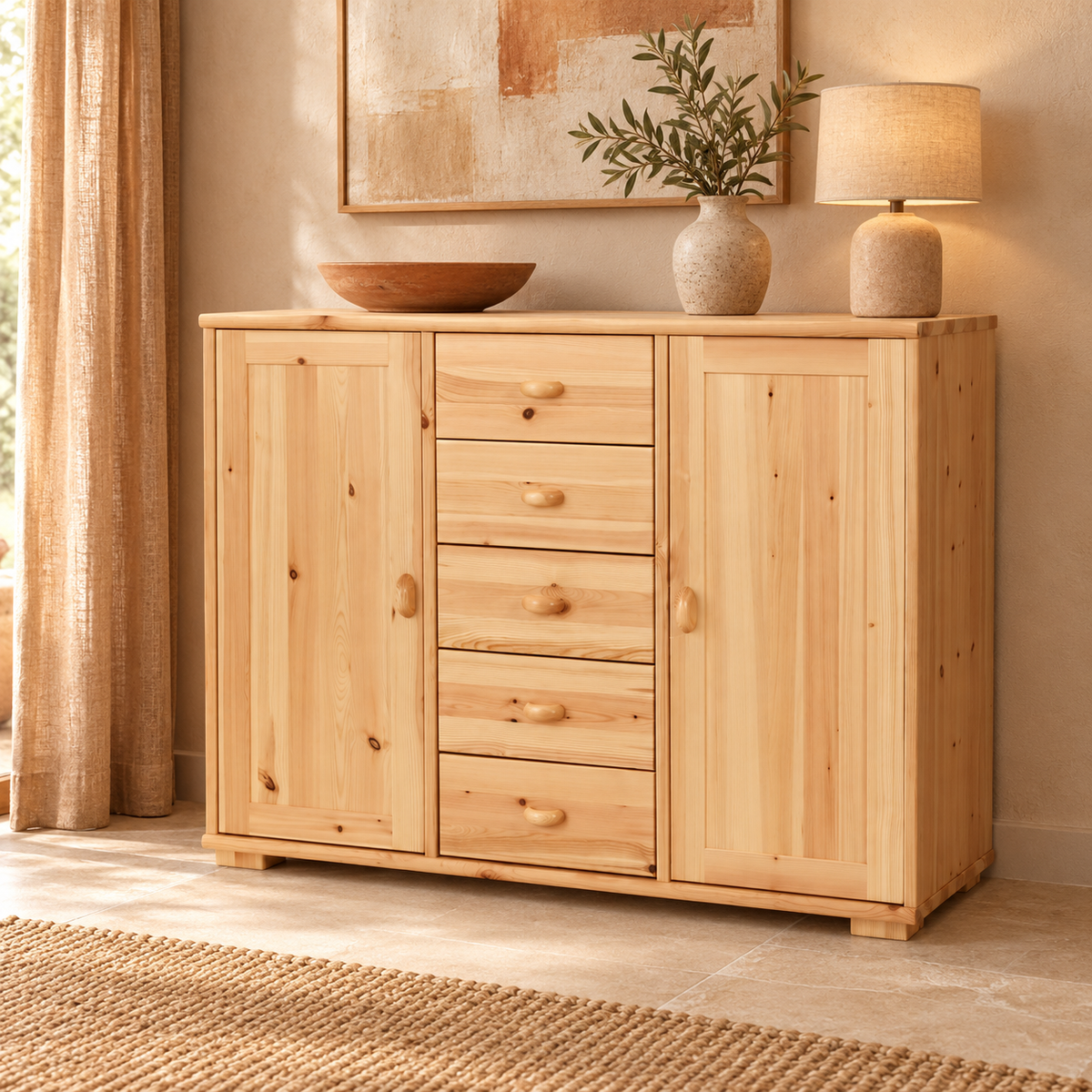 Vanessa Kommode Bio Massivholz Kiefer | 2-Türig Anrichte mit 5-Schubladen aus 100% Bio Holz