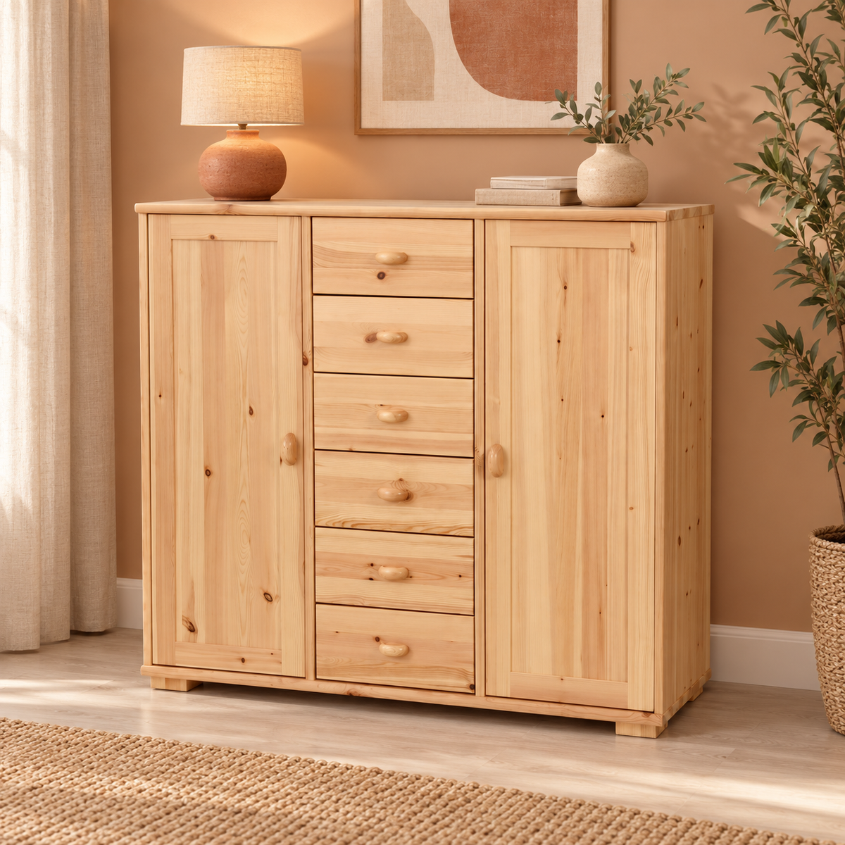 Vanessa Kommode Bio Massivholz | 2-Türig mit 6 Schubladen | Hochwertiges Sideboard aus 100% Bio Massivholz