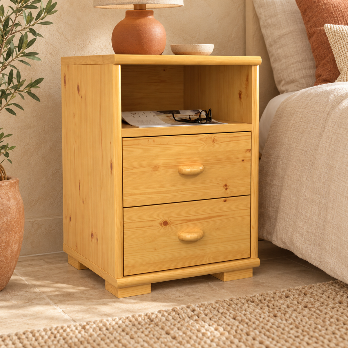 Vanessa Kiefer Massivholz Nachttisch Kiefer mit 2 Schubladen und 1 Regal aus 100% Bio Kiefer