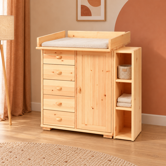 Vanessa Wickelkommode Set aus Kiefer Massivholz – 100% Bio Wickeltisch Set für Ihr Baby