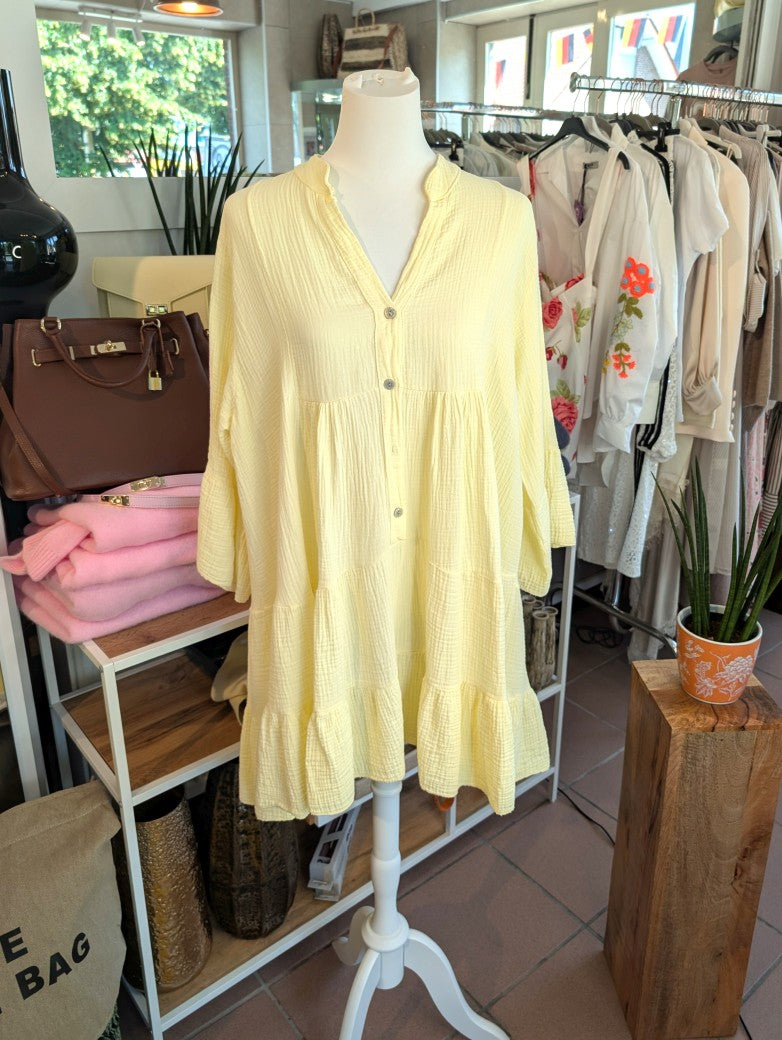 Elegantes Mousselin Midi Kleid mit 3/4 Arm in Butter Yellow Gelb – perfekt für jeden Anlass!