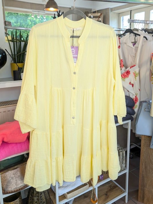 Elegantes Mousselin Midi Kleid mit 3/4 Arm in Butter Yellow Gelb – perfekt für jeden Anlass!