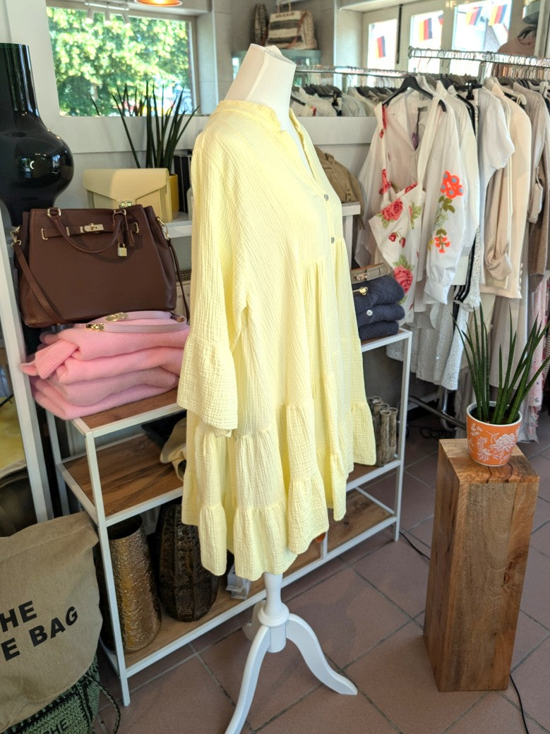 Elegantes Mousselin Midi Kleid mit 3/4 Arm in Butter Yellow Gelb – perfekt für jeden Anlass!
