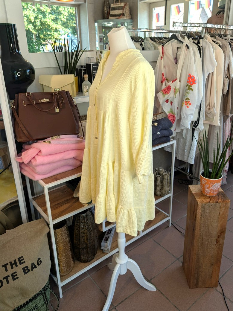 Elegantes Mousselin Midi Kleid mit 3/4 Arm in Butter Yellow Gelb – perfekt für jeden Anlass!