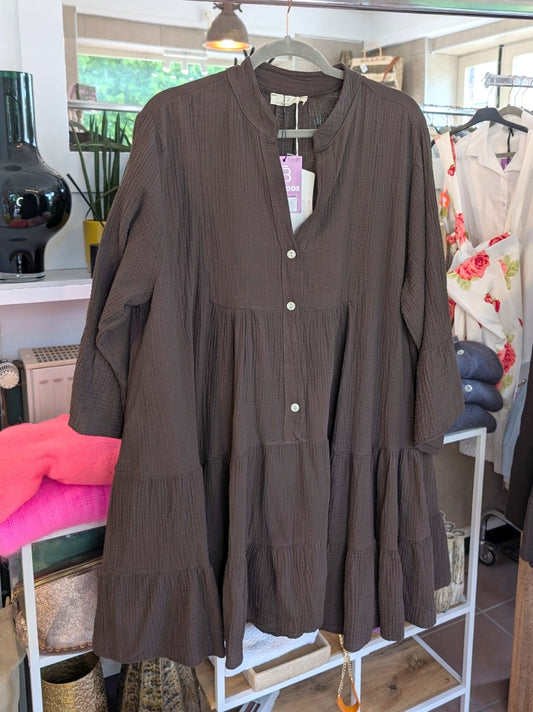 Elegantes Mousselin Midi Kleid mit 3/4 Arm in Coffee Braun – perfekt für jeden Anlass!