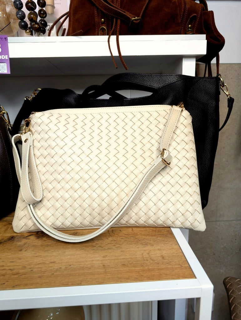 Elegante Ledertasche im zeitlosen Bottega-Veneta-Pouch-Stil mit handgeflochtenem Design in Créme Beige - Cross-Body-Riemen Handschlaufe Reißverschluss 2 Fächer!