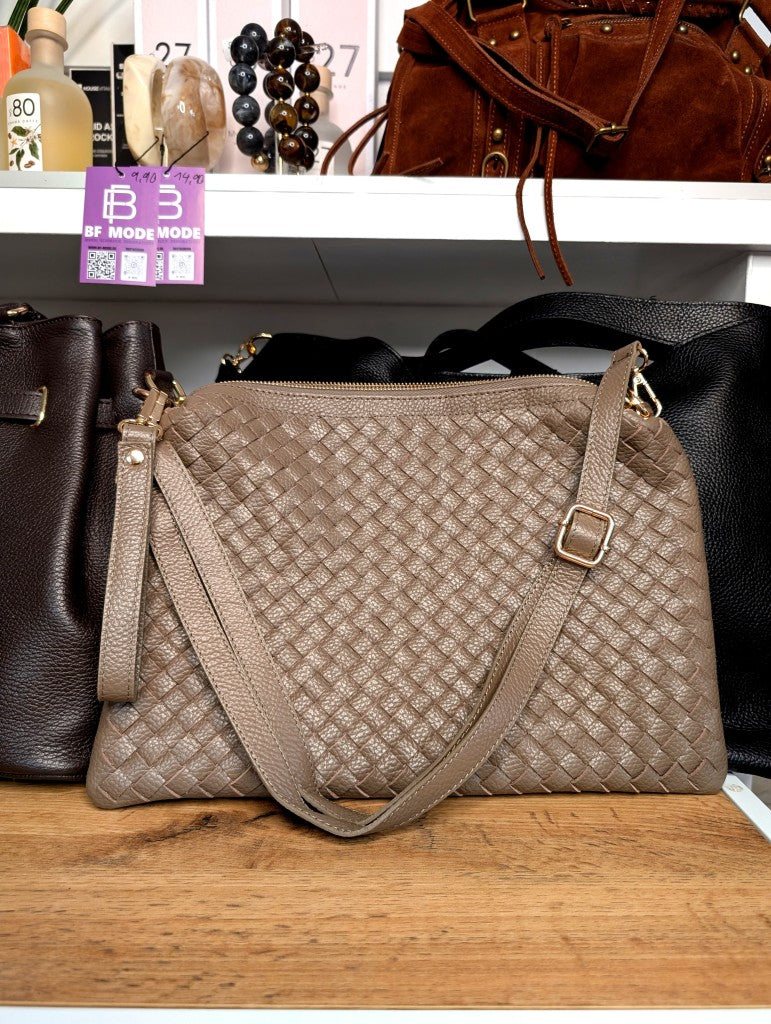 Elegante Ledertasche im zeitlosen Bottega-Veneta-Pouch-Stil mit handgeflochtenem Design in Taupe Grau - Cross-Body-Riemen Handschlaufe Reißverschluss 2 Fächer!