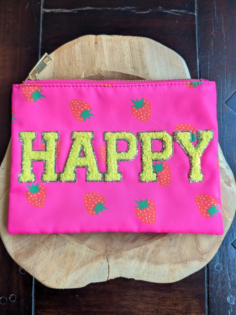 Die Make-Up- und Kosmetiktasche / Kulturtasche vereint praktische Funktionalität mit elegantem Design - Erdbeeren auf Neon Pink "Happy" Gelb Gold!