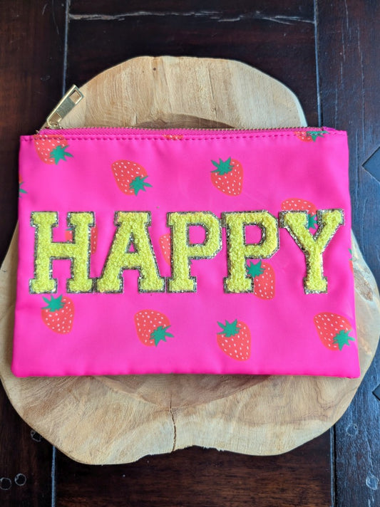 Die Make-Up- und Kosmetiktasche / Kulturtasche vereint praktische Funktionalität mit elegantem Design - Erdbeeren auf Neon Pink "Happy" Gelb Gold!