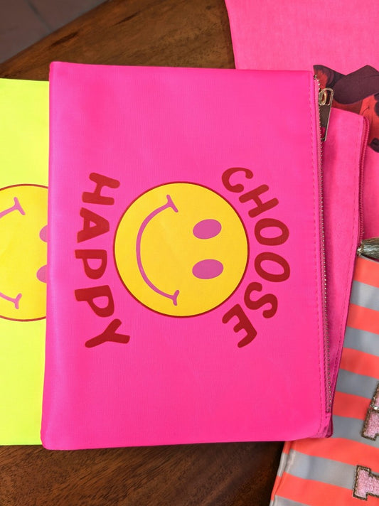 Die Make-Up- und Kosmetiktasche/ Kulturtasche vereint praktische Funktionalität mit tollem Smiley Design in Neon Pink Rot Gelb!
