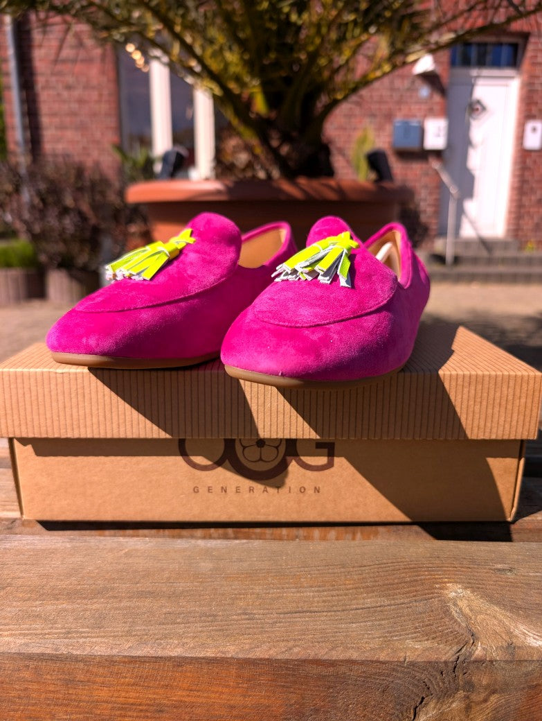 Elegante Wildleder-Mokassins Slipper in Pink mit auffälliger Neon-Gelb Quaste mit robuster Gummisohle – perfektes Statement-Piece für jeden Tag!