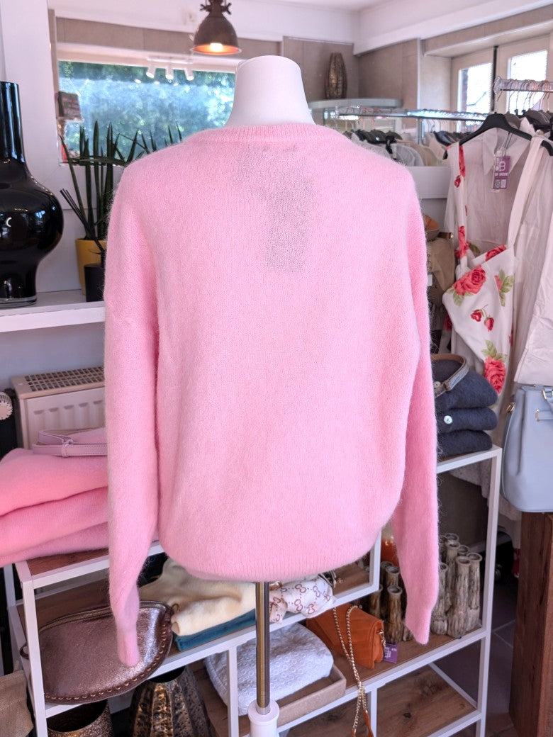 Behaglicher stilvoller cozy Flausch Pulli Pullover mit V-Ausschnitt aus hochwertigem 52% Alpaka und Wolle in Rosa - perfekt für lässig bis elegant!