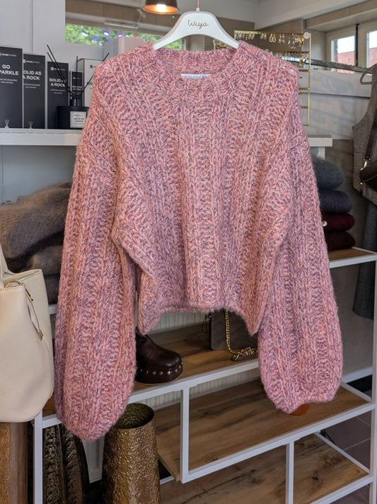 Der Pullover aus einer hochwertigen Mischung aus Viskose, Nylon und Wolle in Pink mit Rosa Lila Apricots Gelb verbindet stilvolles Design und Tragekomfort!