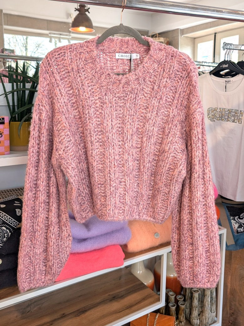 Der Pullover aus einer hochwertigen Mischung aus Viskose und Wolle in Pink mit Rosa Lila Apricots Gelb verbindet stilvolles Design und Tragekomfort!