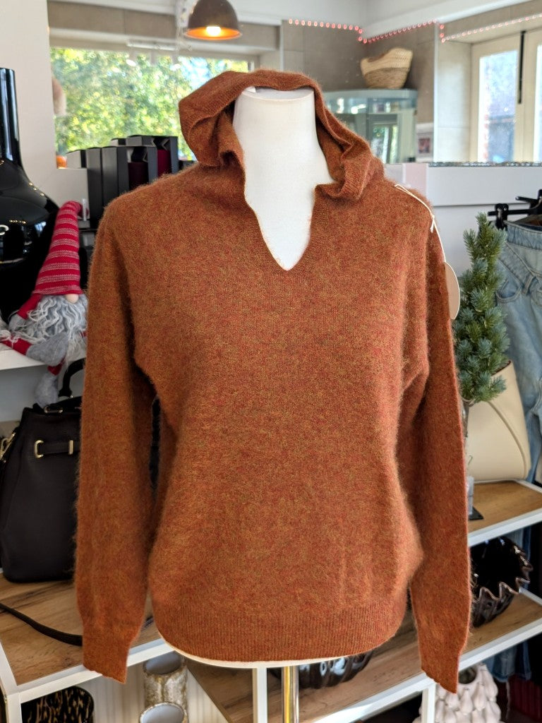 Eleganter mega kuscheliger Pullover Kapuze Gold Kupfer Rot meliert – luxuriöse Kaschmir Seide Wolle Mischung für höchsten Komfort, Langlebigkeit, Wärmeisolation