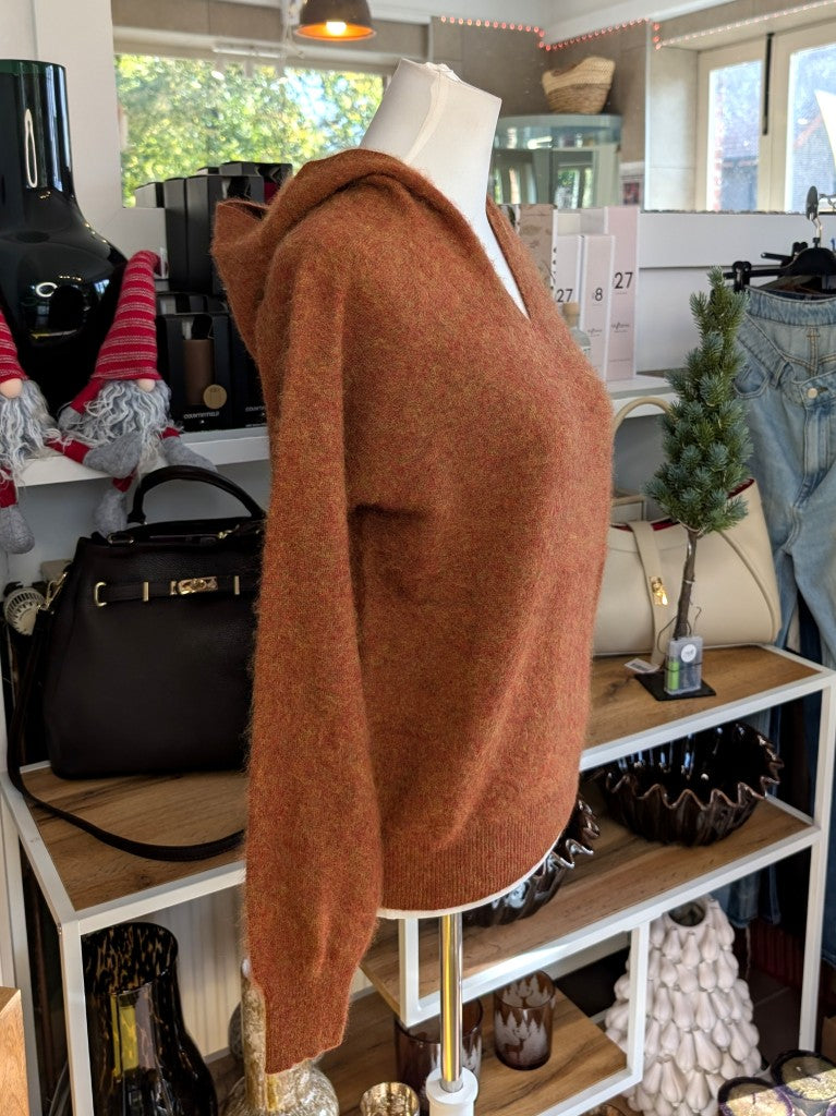 Eleganter mega kuscheliger Pullover Kapuze Gold Kupfer Rot meliert – luxuriöse Kaschmir Seide Wolle Mischung für höchsten Komfort, Langlebigkeit, Wärmeisolation