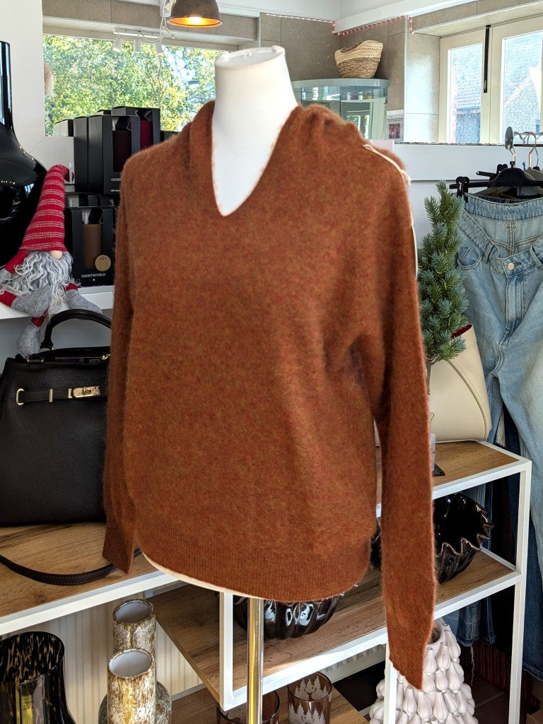 Eleganter mega kuscheliger Pullover Kapuze Gold Kupfer Rot meliert – luxuriöse Kaschmir Seide Wolle Mischung für höchsten Komfort, Langlebigkeit, Wärmeisolation