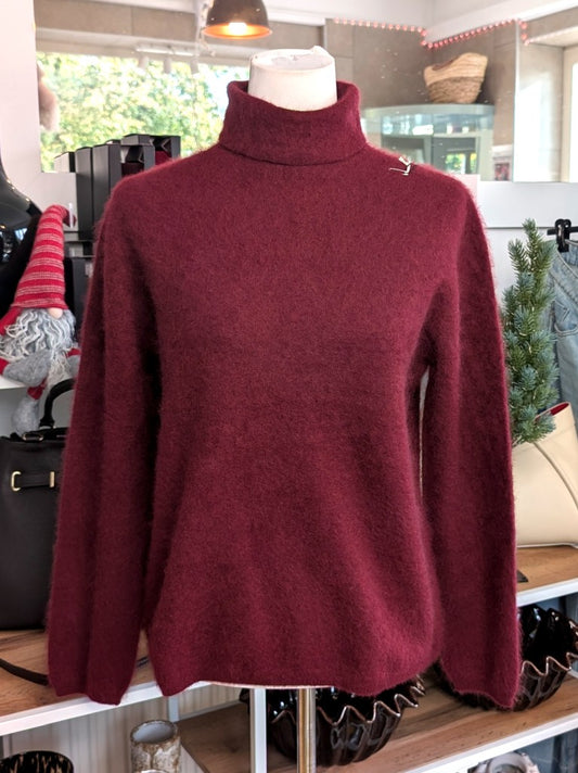 Eleganter mega kuscheliger Rollkragen Pullover in Burgund Rot – luxuriöse Kaschmir Seide Wolle Mischung für höchsten Komfort, Langlebigkeit, Wärmeisolation.