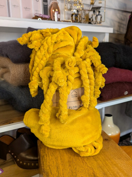 Kuscheln Sie sich in pure Gemütlichkeit: Samtweiche großzügige 150x200cm Decke Golden Glow Gelb Gold mit voluminösen Bommeln - ein Hingucker in jedem Wohnzimmer!