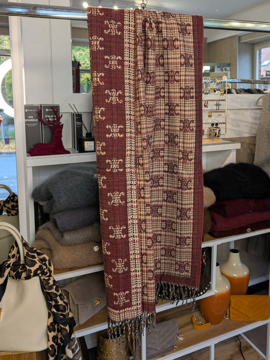 Eleganter Wendeschal im Leo Fendi Stil in Brombeer Beige Braun mit Fransen aus hochwertiger Viskose und Wolle - Stylingmöglichkeiten von lässig bis chic!