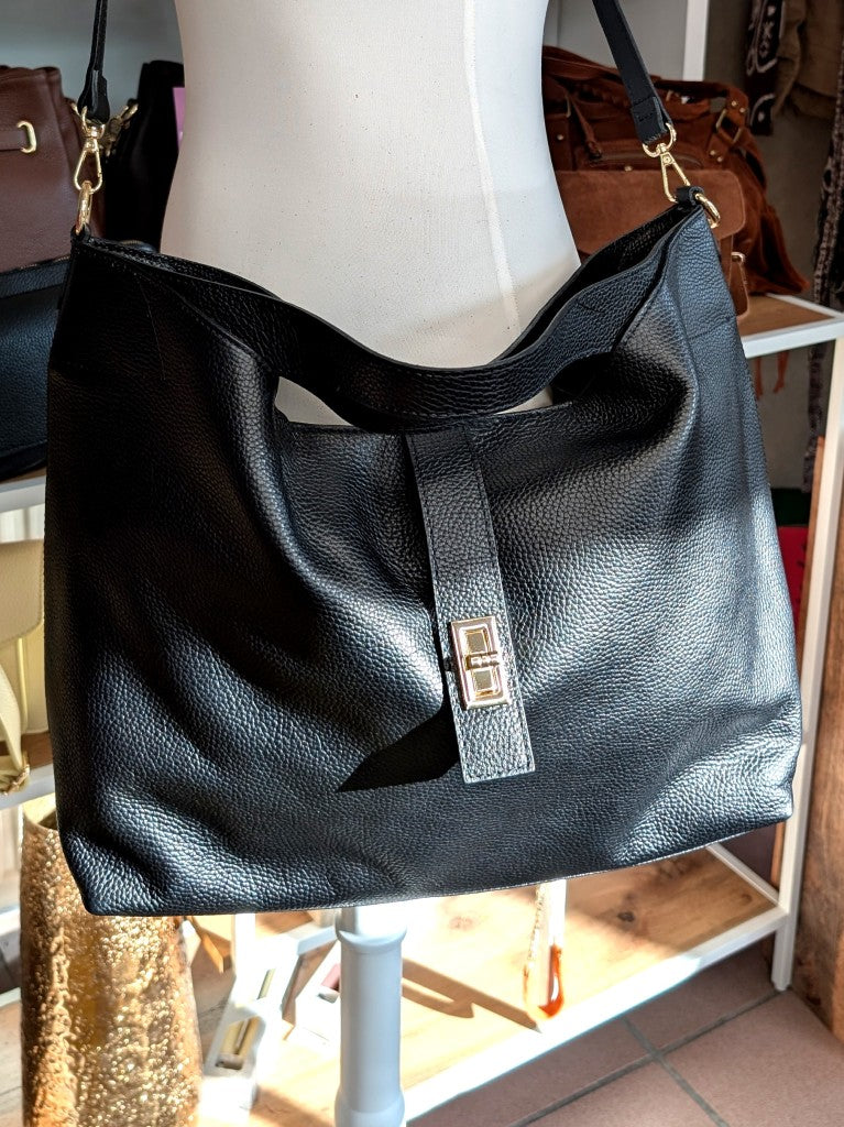 Elegante XL Schultertasche aus hochwertigem italienischem Leder mit verstellbarem Cross-Body Riemen in Schwarz, Ledergriffe samt Drehriegel Reißverschluss