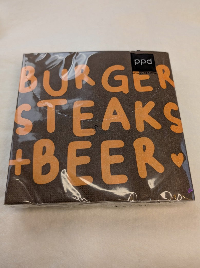 Stilvolle Servietten mit fröhlichem Burger Steak Beer Motiv in warmem Braun und leuchtendem Orange – perfekt für Grillpartys, Barbecues und Abende mit Freunden!