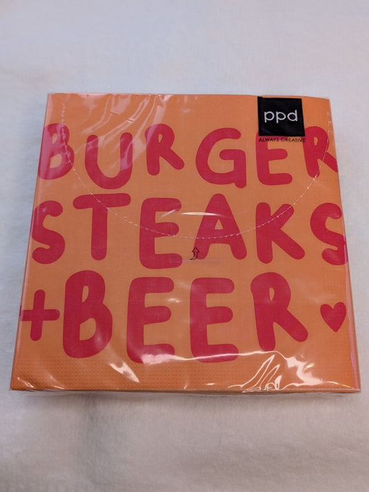 Stilvolle Servietten mit fröhlichem Burger Steak Beer Motiv in fröhlich leuchtendem Orange und Rot – perfekt für Grillpartys, Barbecues und Abende mit Freunden!