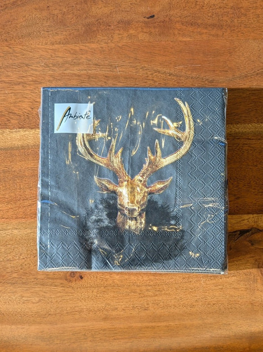 20 Stück hochwertige elegante Servietten in Anthrazit mit goldenem Hirschmotiv – perfektes Accessoire für festliche Tische und besondere Anlässe der Tischdeko!