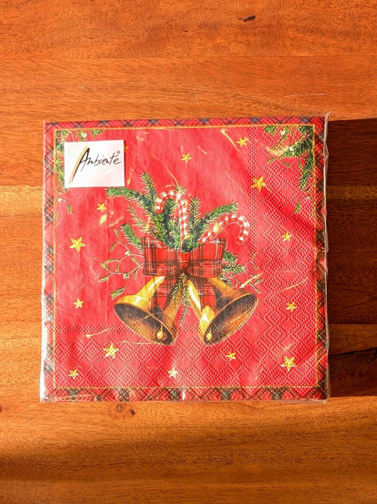 20 Stück hochwertige festliche Zellstoff Servietten 33x33cm für Weihnachten: Weihnachtlich rot mit goldenen Glocken im schottischen Stil  - perfekte Tischdeko!