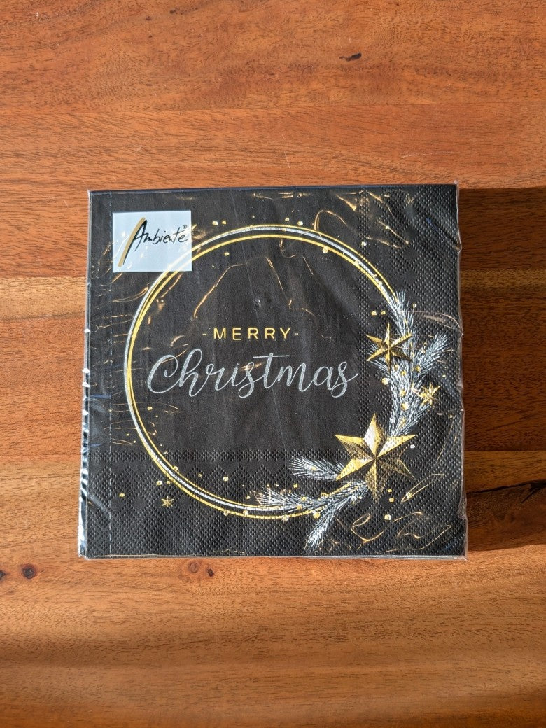 20 Stück hochwertige festliche Zellstoff Servietten 33x33cm für Weihnachten: Merry Christmas mit Wunschring und Stern Schwarz Gold Silber - perfekte Tischdeko!