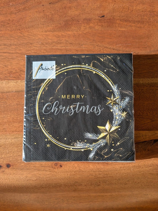 20 Stück hochwertige festliche Zellstoff Servietten 33x33cm für Weihnachten: Merry Christmas mit Wunschring und Stern Schwarz Gold Silber - perfekte Tischdeko!