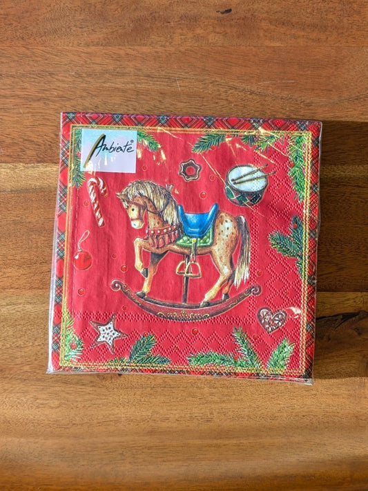 20 Stück hochwertige festliche Zellstoff Servietten 33x33cm für Weihnachten: Weihnachtlich rot mit wunderschönem Retro Schaukelpferd - perfekte Tischdeko!
