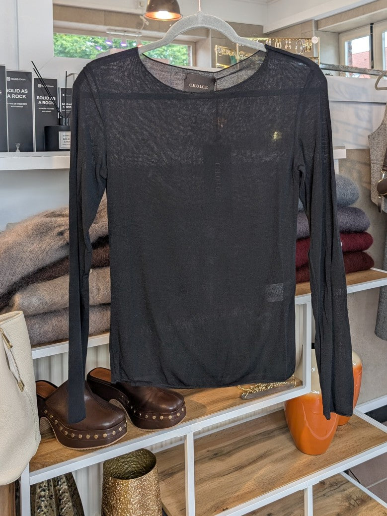 Das Langarm Shirt vereint zarten Kaschmir-Komfort mit hauchdünnem Stoff aus Viskose und Nylon in elegantem Schwarz - für stilbewusste Looks mit Raffinesse!