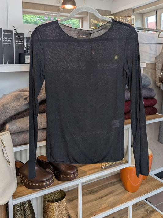 Das Langarm Shirt vereint zarten Kaschmir-Komfort mit hauchdünnem Stoff aus Viskose und Nylon in elegantem Schwarz - für stilbewusste Looks mit Raffinesse!