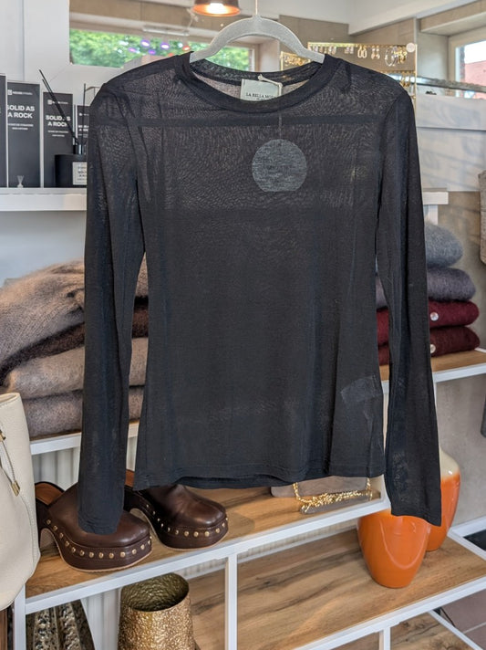 Das Langarm Shirt vereint zarten Kaschmir-Komfort mit hauchdünnem Stoff aus Viskose und Nylon in elegantem Schwarz - für stilbewusste Looks mit Raffinesse!