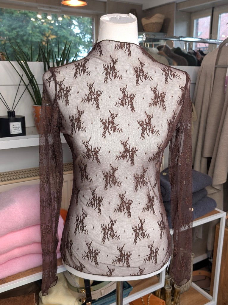 Elegantes Langarm-Shirt Schoko Braun mega elastisch seidig weich, hochwertige Spitzenstoffmischung. Ideal für stilvolle Alltagskombinationen und elegante Abende