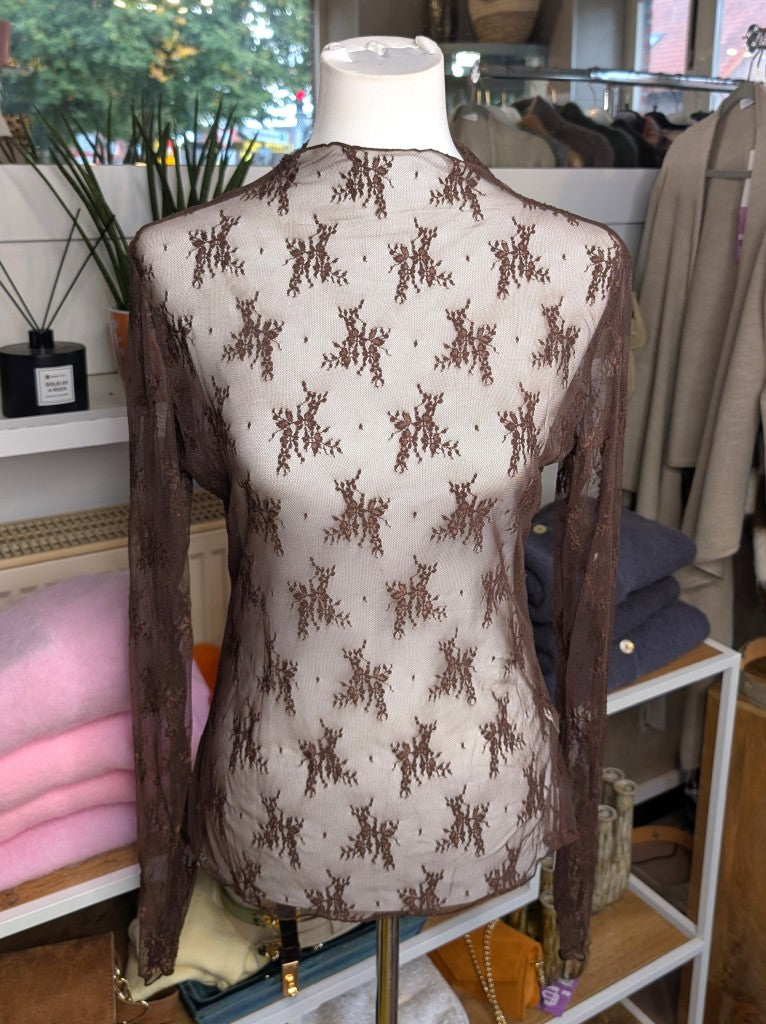 Elegantes Langarm-Shirt Schoko Braun mega elastisch seidig weich, hochwertige Spitzenstoffmischung. Ideal für stilvolle Alltagskombinationen und elegante Abende