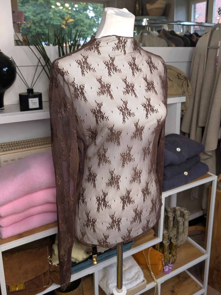 Elegantes Langarm-Shirt Schoko Braun mega elastisch seidig weich, hochwertige Spitzenstoffmischung. Ideal für stilvolle Alltagskombinationen und elegante Abende