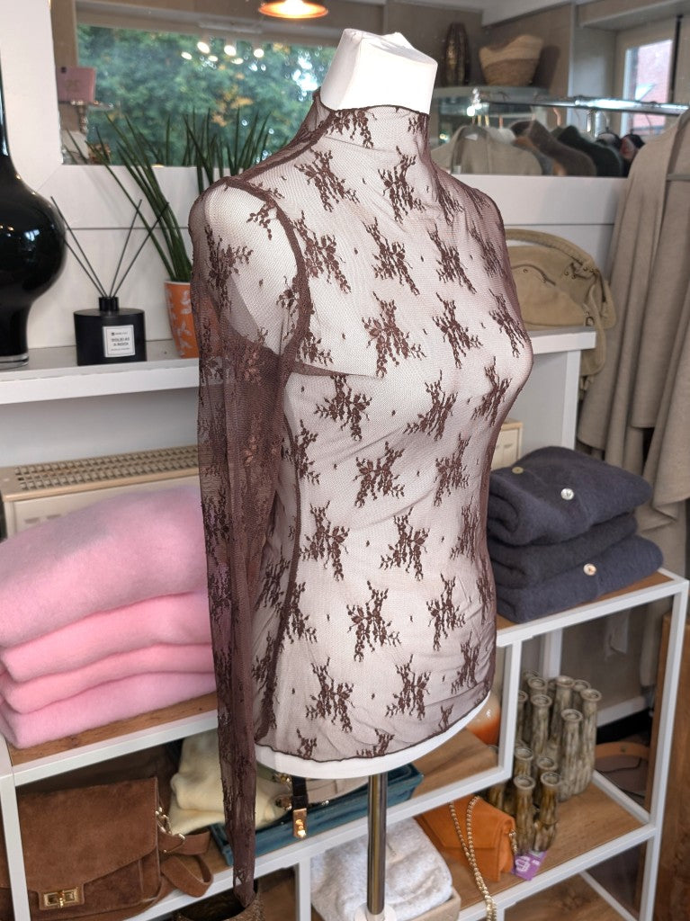 Elegantes Langarm-Shirt Schoko Braun mega elastisch seidig weich, hochwertige Spitzenstoffmischung. Ideal für stilvolle Alltagskombinationen und elegante Abende