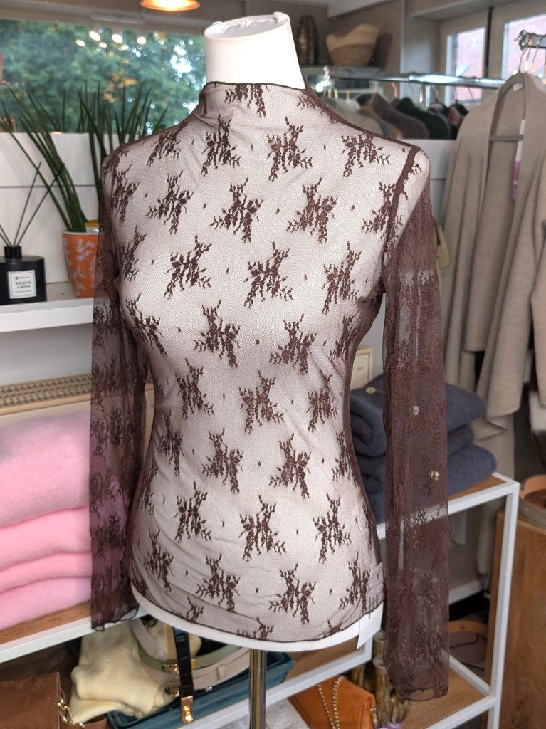 Elegantes Langarm-Shirt Schoko Braun mega elastisch seidig weich, hochwertige Spitzenstoffmischung. Ideal für stilvolle Alltagskombinationen und elegante Abende