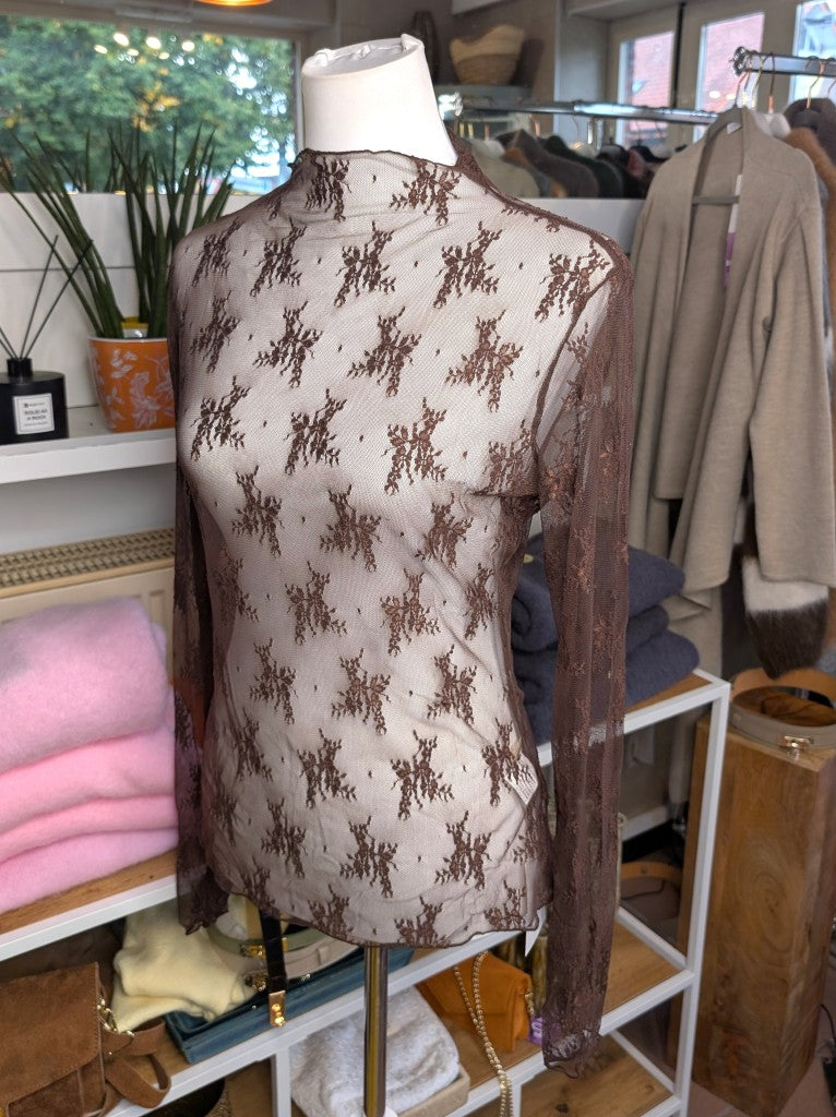 Elegantes Langarm-Shirt Schoko Braun mega elastisch seidig weich, hochwertige Spitzenstoffmischung. Ideal für stilvolle Alltagskombinationen und elegante Abende